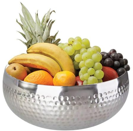 VIRSUS Centrotavola Rotondo in acciaio inox, Misura 27,5x10,5 cm, Design con Decoro Martellato, Ciotola Portafrutta Portapane, Scodella decorativa -697