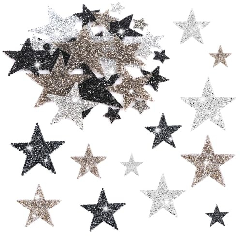 24pcs Star Iron on Patches, Glitter Five Pointed Star Applique Patches Sticky Sew On Embroidery Patches for Clothing Jeans Bags Hats DIY Crafts (3 Colors)