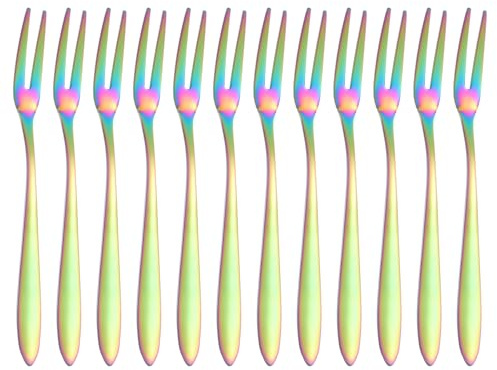 sourcing map Lot de 12 fourchettes à cornichons, 13 cm avec long manche, fourchettes à cocktail en acier inoxydable, fourchettes à 2 dents pour dessert, cocktail, fruits et légumes, arc-en-ciel