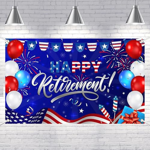 Lofaris Happy Retirement Banner 70.8x43.3 Inch, Red White Blue Balloons and Fireworks Design, Polyester Decorative Banner for Retirement Parties and Celebrations