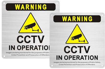 1 Set of 2 Pieces CCTV in Operation 24-hour Safety Camera Warning Sign Anti-Corrosion Aluminum Alloy with Adhesive Backing(Brushed Silver)