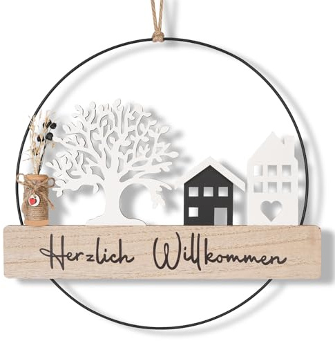 Trockenblumenkranz, Türkranz Häuser, Türkranz Herzlich Willkommen Trockenblumen Fensterdeko Hängedeko Personalisiert Dekokranz mit Willkommensschild Trockenblumen Lebensbaum und Haus (28cm)