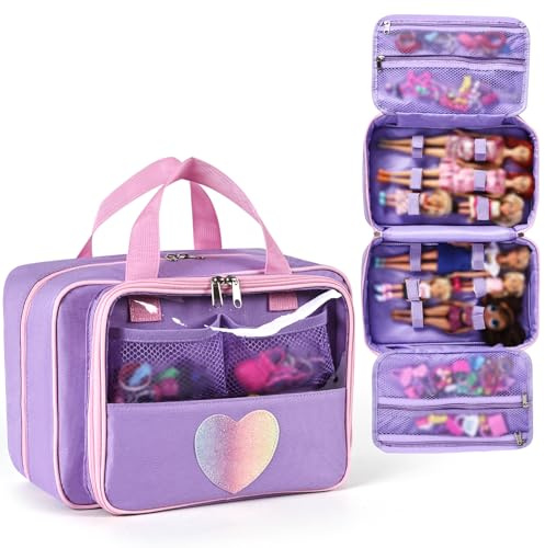 Craflakow Carrying Case Compatible with Barbie Dolls 12-Inch/6-inch, All-in-One Organizer Holds 6-12 Dolls & Accessories，Large Doll Travel Case with Handle, Bag Only (Purple)