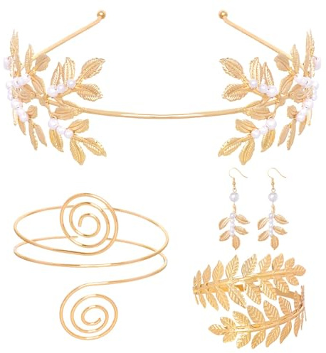 Set de Accesorios de Disfraz de Diosa Griega, Diadema de Corona de Hoja de Laurel Dorada, Brazaletes el Brazo, Pendientes Colgantes, Bisuteria de Diosa Griega, para Fiesta, Boda, Carnaval (Dorado-B)