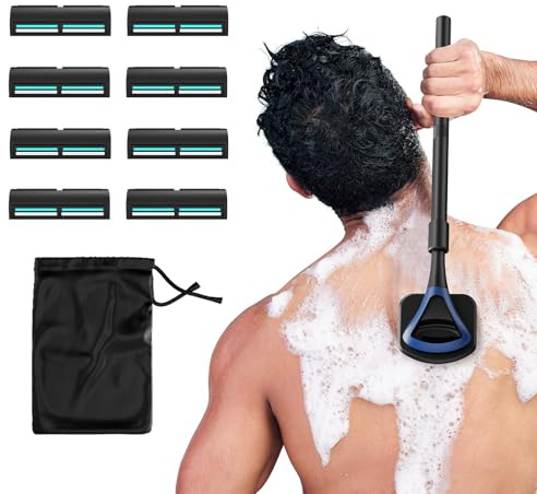 ZOMU Back Shavers for Men:Back Hair Shaver and Body Shavers for Men with Safety Blade Technology & Ergonomic DIY Long Handle, Wet or Dry Shaving,Blue (Replaceable 8PCS 3.5inch Blades Included)