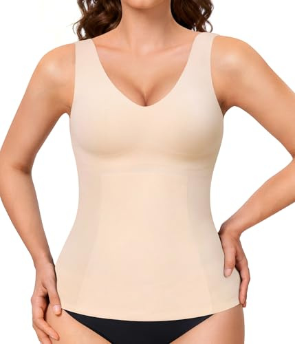 LANCS Compression Tanks Tops for Women Seamless Shapewear Vest Tummy Control V Neck Camisole Cami Tops (Beige, Large)