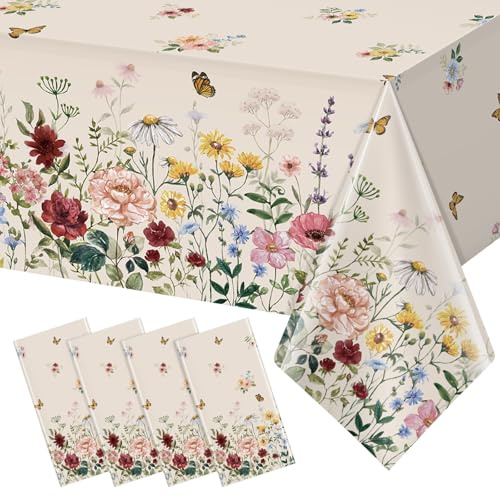 4 Pack Wildflower Floral Tablecloth, 108 x 54 Inch Spring Butterfly Flower Plastic Wipeable Waterproof Disposable Table Cloth for Afternoon Tea Garden Party Birthday Wedding Baby Shower Picnic Decor