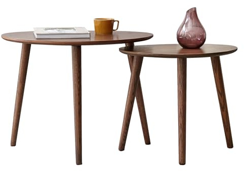 YESWOOD Lot de 2 Tables Gigognes en Chêne Massif, Table Basse Ovale Bois, Design Galets, Table d’Appoint pour Salon, Balcon, Noyer