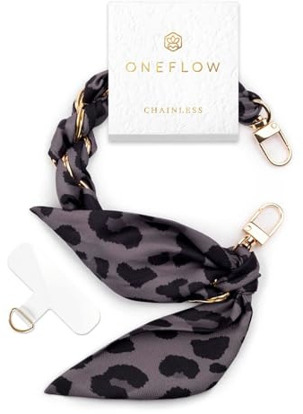 ONEFLOW Handyanhänger fürs Handgelenk, Universal Handykette kurz Handschlaufe, Scarf Handyband für Hüllen abnehmbar, Anhänger Kette mit Karabiner für alle Handys, Chainless Silk Liaison, Midnight Leo