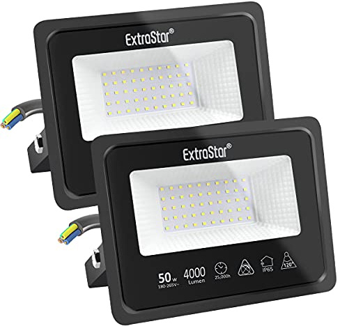 EXTRASTAR Projecteurs LED Extérieur 50W, IP65 Etanche, 4000LM, Spot LED Extérieur, 6500K Blanc Froid, Eclairage de Sécurité, pour Jardin Terrasse Garage Patio Grange Cour, Lot de 2