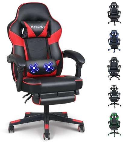 Fullwatt Gaming Stuhl Ergonomisch Racing Stuhl Massage mit Fußstütze (Rot)