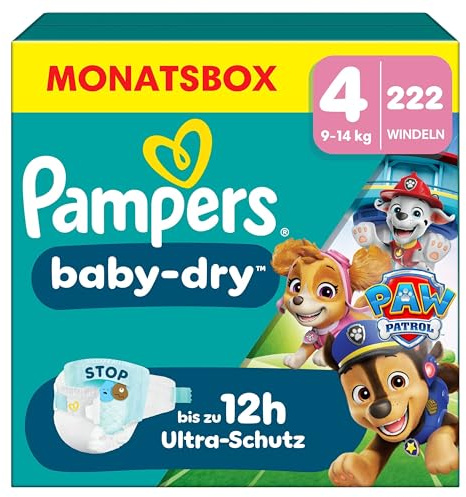 Pampers Baby-Dry, Taille 4, 222 Couches, 9-14kg, A La Rescousse Contre Les Fuites Grâce A Une Protection Intégrale Jusqu'à 12h, Edition Limitée avec La Pat’Patrouille, Pack 1 Mois