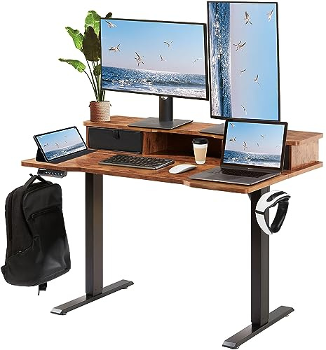 VEVOR Scrivania Regolabile in Altezza da Ufficio Home Office Studio Piano di Lavoro 1,2 x 0,6 m con Cassetti 2 Ripiani, Scrivania Ergonomica Altezza Regolabile Capacità Carico Massima 82 kg Marrone