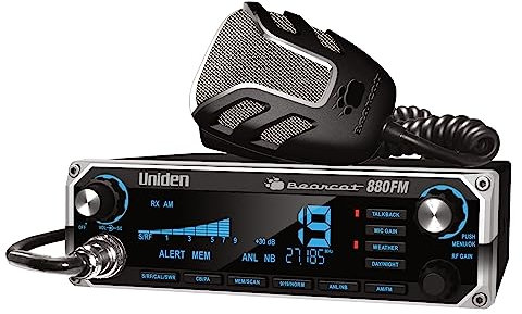Uniden Bearcat 880FM CB Radio, 40 Channels with Dual-Mode AM/FM, Large Easy-to-Read Backlit 7-Color LCD Display, Backlit Knobs/Buttons, NOAA Weather Alert, PA/CB Switch, and Wireless Mic Compatible