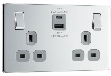 BG Electrical 22W Double Switched Power Wall Plug Socket with Fast Charge Type A and C USB Ports, Screwless, Flatplate, Polished Chrome, Grey Inserts, 13A, FPC22UAC22G