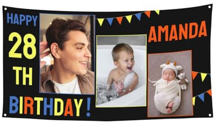 Personalisiertes Geburtstagsbanner mit Fotonamen, Personalisiertes Happy Birthday Banner für Frauen Männer Kindergeburtstag Party Dekorationen Banner Hintergrund für Drinnen und Draußen,180x90 cm