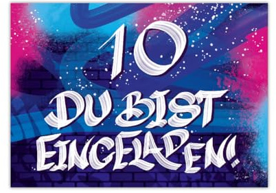 Junaversum 12 Einladungskarten zum 10. Kindergeburtstag Mädchen Jungen Graffiti Einladungen zehnte Geburtstag Kinder