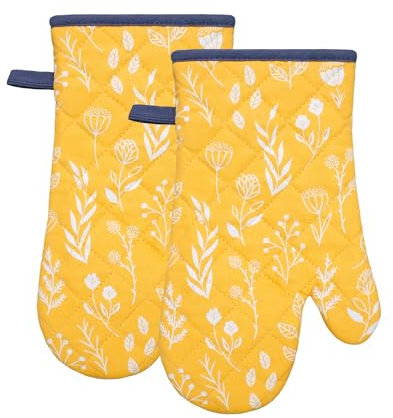 Oven Gloves Gauntlet Set of 2, Yellow with White Floral Design, Heat Resistant Mitts for Kitchen Cooking, Baking, Grilling, and BBQ - Perfect New Home, Birthday