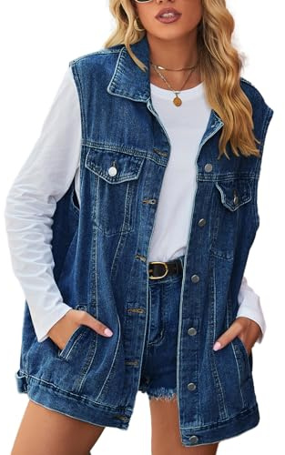 Sukany Gilet da donna in denim oversize casual con bottoni senza maniche gilet vintage giacche di jeans, Blu scuro, M