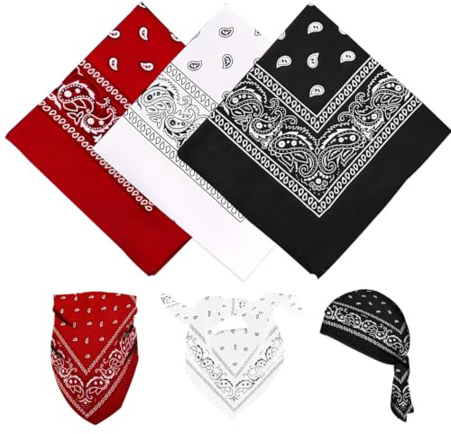 3 st. bandana, multifunktionell hårsjal med paisleymönster, unisex huvudbonader, bandanas, pannband för kvinnor och män, cowboyaccessoarer (svart, vit, klarröd)
