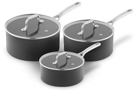 Sur La Table Hard Anodised 3 Piece Saucepan Set with Tempered Glass Lids, Riveted Steel Handles, 10x Stronger Superior Non-Stick Ceramic Coating, Induction Compatible, Grey, SLT800370