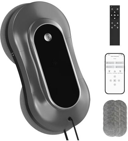 AOQUFUL intelligenter Fensterputzroboter, elektrischer Fensterputzer mit Dual-Wasserspray, automatischer Fensterroboter mit Fernbedienung und App, für Innen- und Außenfenster und Glas,12 Tücher,grau