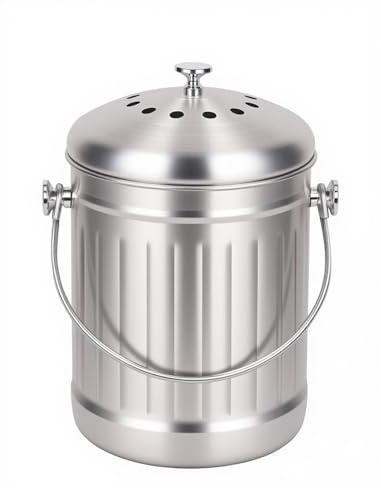 Veinvify 1.3 Gallons 5L Brushed Stainless Steel Kitchen Countertop Undersink Indoor Odorless Composting Compost Bin Countertop Composter with Charcoal Filter Inside Lid Brushed