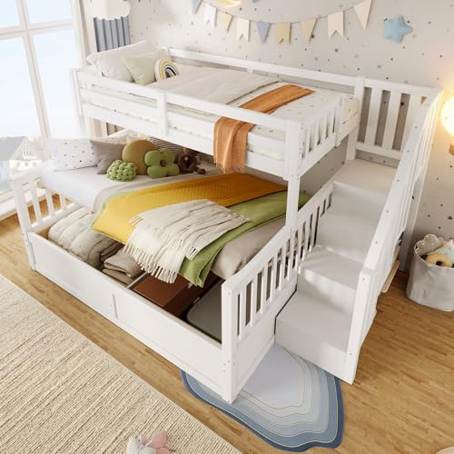 Soweiz Letto a castello, 90 x 200 cm+140 x 200 cm, culla per due bambini, idraulica, scala di stoccaggio, senza materasso (bianco)