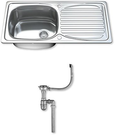 Dihl 1002 Kitchen Sink with Drainer, Single Bowl 1.0, Rectangle, 304 Stainless Steel, Silver, 90 x 45 cm, Inset, Includes Full Waste Kit and fixings