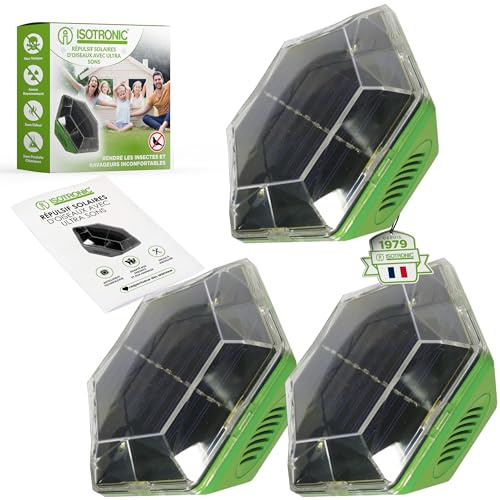 ISOTRONIC Solar Vogelabwehr mit Blitz & Ultraschall – Vogelschreck zur Abwehr von Tauben, Spatzen, Möwen & Krähen – Taubenabwehr für Balkon & Garten – Vogelvertreiber 150m² Wirkungsbereich (3 Stück)