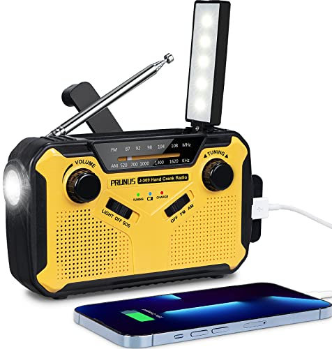 PRUNUS J-369 Radio Portatile Emergenza FM/AM, Radiolina a Manovella Dinamo, Radio Solare Piccola con Batteria Ricaricabile da 3000 mAh, Radio a Pile con Allarme SOS e Torci (Giallo)