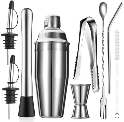 ZPUFAW Juego de coctelera de 24 onzas, 9 piezas, kits de camarero, herramientas de bar, perfectas para mezclar bebidas, Martini, acero inoxidable, juego de bar para papá, camarero