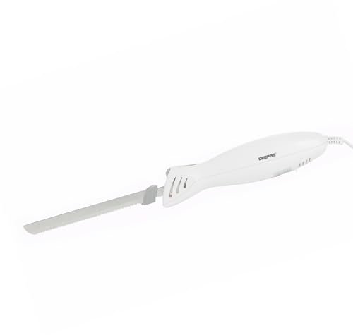 GEEPAS Electric Knife | Serrated Carving For Multi-Purpose Use | Ergonomic Handle, Low Vibration & Noise For Your Comfort, Meat, Vegetable, Fruits or Bread Knife, White, 100W