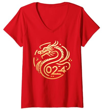 Femme Année du dragon 2024 Zodiaque Nouvel An lunaire chinois 2024 T-Shirt avec Col en V