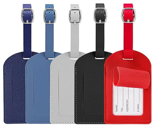 5 Pack Luggage Labels, Leather Luggage Tags for Suitcases with ID Card, Privacy Cover Name Address Tags for Luggage, Durable Suitcase Identifier for Airport Business Cruise, Adjustable Strap