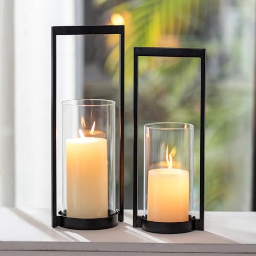 Sziqiqi Portavelas Negro para Columna: Portavelas Modernos para el Centro de Mesa - 2 Piezas de Linterna de Velas Minimalista con Cilindro de Vidrio para la Sala Chimenea Cena Navideña Decoración