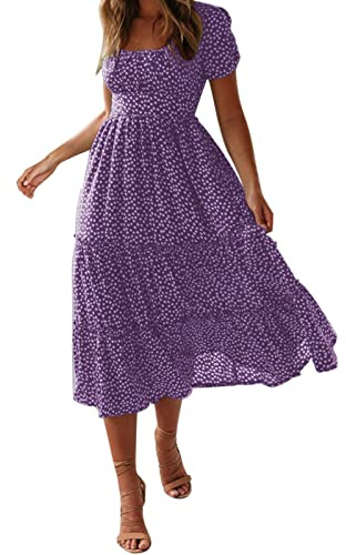 Generisch 2025 Summer Dress for Women Flare Sleeve Dress Floral Print Casual Flowing Midi Dress Women's Summer Knee-Length Loose, purple, M