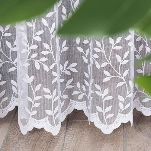 MforStyle White Net Curtain Floral design Leaves - READY TO HANG - HEMMED SIDES - SLOT TOP - MANY SIZES - (selected curtain: 4 Metres Width, DROP: 81 (205cm)