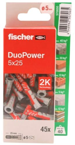 fischer - Duopower 5x25-45U, tasselli da parete multimateriale, servono per appendere biciclette, quadri, armadi, supporti TV, scaffali, mobili.