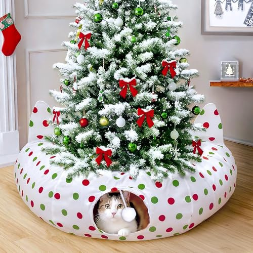GUDELAK Weihnachtsbaum Katzentunnel mit roten & grünen Punkten - Faltbarer Knistertunnel mit Peek-Löchern & hängenden Kugeln, Urlaub Interaktives Spielzeug für Indoor Katzen & Kätzchen