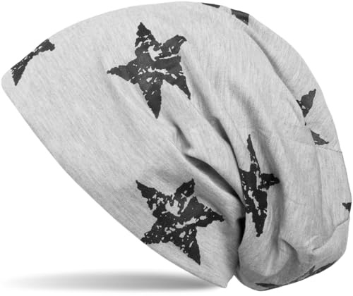 styleBREAKER Unisex Stoff Beanie Mütze mit Sterne Print im Destroyed Vintage Look, Longbeanie 04024041, Farbe:Hellgrau