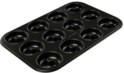 Dr. Oetker Tradition Molde repostería, 12 cavidades con saliente central para hacer donuts, rosquillas y bagels, acero con revestimiento antiadherente, color negro, 26,5x38,5x2,4cm, 1ud