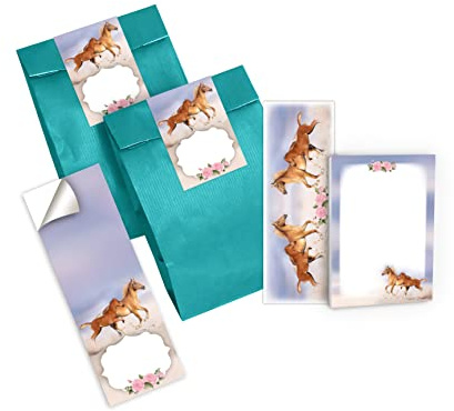 Junapack 12 Lesezeichen + 12 Mini-Notizblöcke + 12 Geschenktüten (Petrol) + 12 Aufkleber Pferd mit Fohlen Mitgebsel Gastgeschenk beim Kindergeburtstag Mädchen