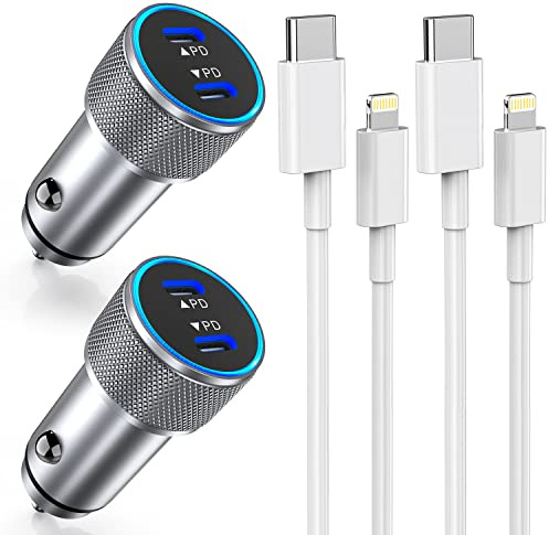 iPhone Fast Car Charger,2Pack Dual Port USB C Car Charger[MFI Certified]Power Delivery Car Adapter with 2Pack Lightning Cable Type C Rapid Car Charging for iPhone 14/14 Pro/13/12/11/X/Xs/Xr/SE/8/iPad