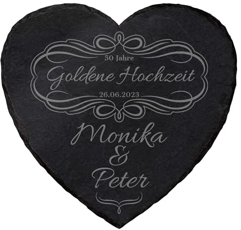 mtb more energy Personalisierbare Schiefertafel Herz ''50 Jahre Goldene Hochzeit'' - individuell anpassbar - 20x20 cm - Laser Gravur auf Schieferherz - Hochzeit Geschenk