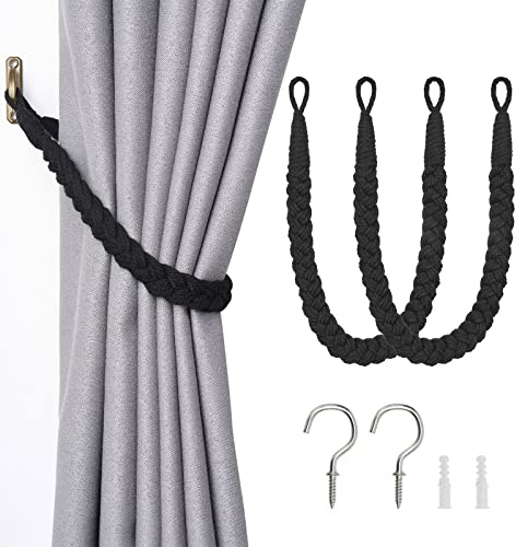 Pretty Jolly Vorhang Raffhalter aus natürlichem Baumwollseil, eleganter, dekorativer Vorhang-Raffhalter im Boho-Stil, weiche, handgewebte Seil-Vorhanghalter für Zuhause und Büro, Schwarz, 2 Stück