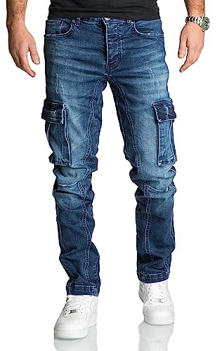 REPUBLIX Herren Cargo Jeans Regular Slim Denim Hose Destroyed R7977 Dunkelblau W34/L34