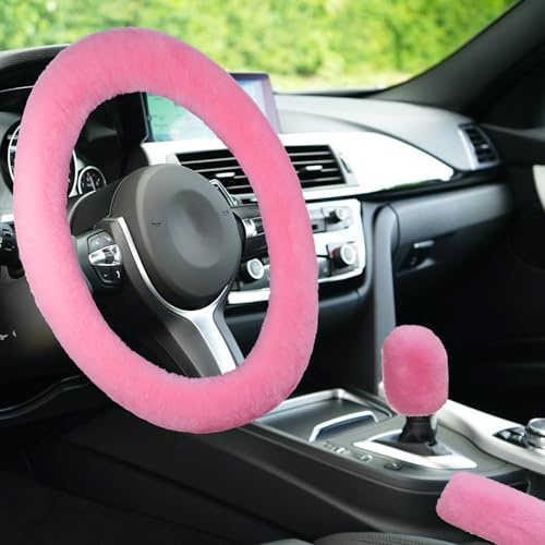 Lenkradbezug Plüsch, Universal Lenkradhülle Fell, 3 Stück Auto Lenkradabdeckung Winter Handbremse Und Lenkradschoner Auto Zubehör, Teleskop Lenkradschutz Warm 38cm (Rosa)