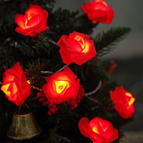 ZVO LED Rosen Lichterkette, 3M Rosen Lichterkette mit 20 LED-Licht Batteriebetrieben, Lichterkette mit Blumengirlande Hängend für Innenberei Hochzeit Blumen Weihnachts Valentinstag Deko(rot)