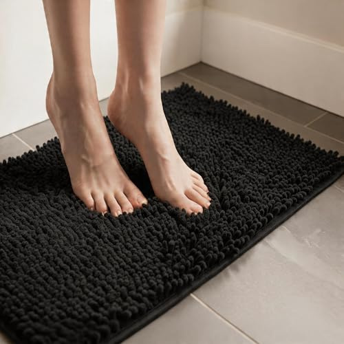 MEGAROOM Chenille Badematte rutschfest - Ultra-weich & hochsaugfähig - Antirutsch Badezimmerteppich waschbar - Luxus Duschvorleger für Badezimmer, WC, Wohnzimmer, Schlafzimmer, 80x50 cm, Schwarz